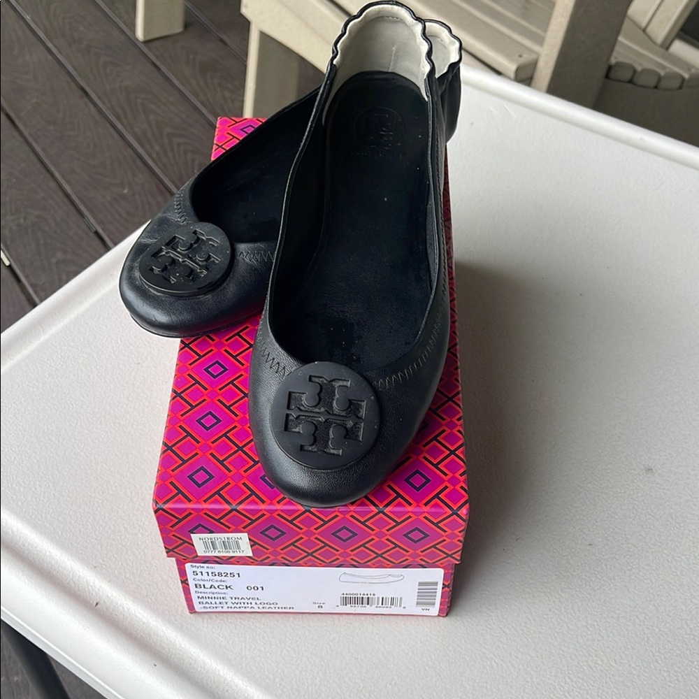 Tory Burch Black Flats with Logo Medallion